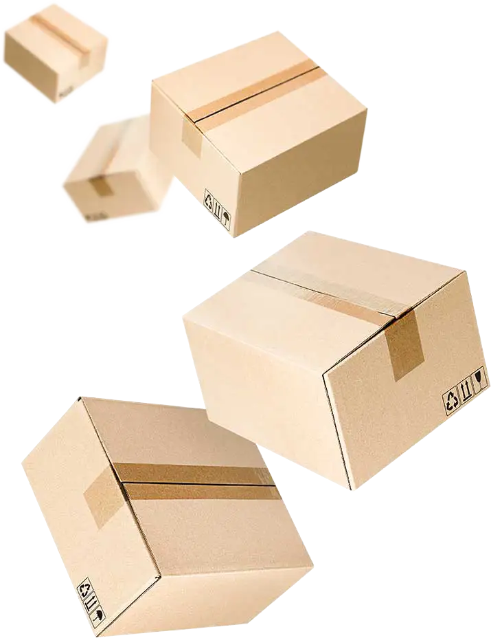 five levitating closed cardboard boxes on a white isolated background